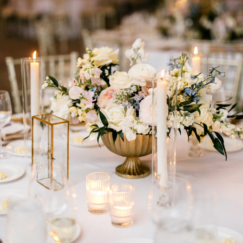 pink white and blue floral decor for luxurious spring wedding reception at Fiddler's Elbow