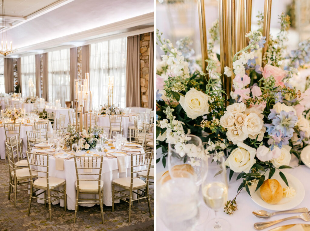 pastel floral arrangements for luxurious Fiddler's Elbow wedding reception by New Jersey wedding photographer Emily Wren Photography