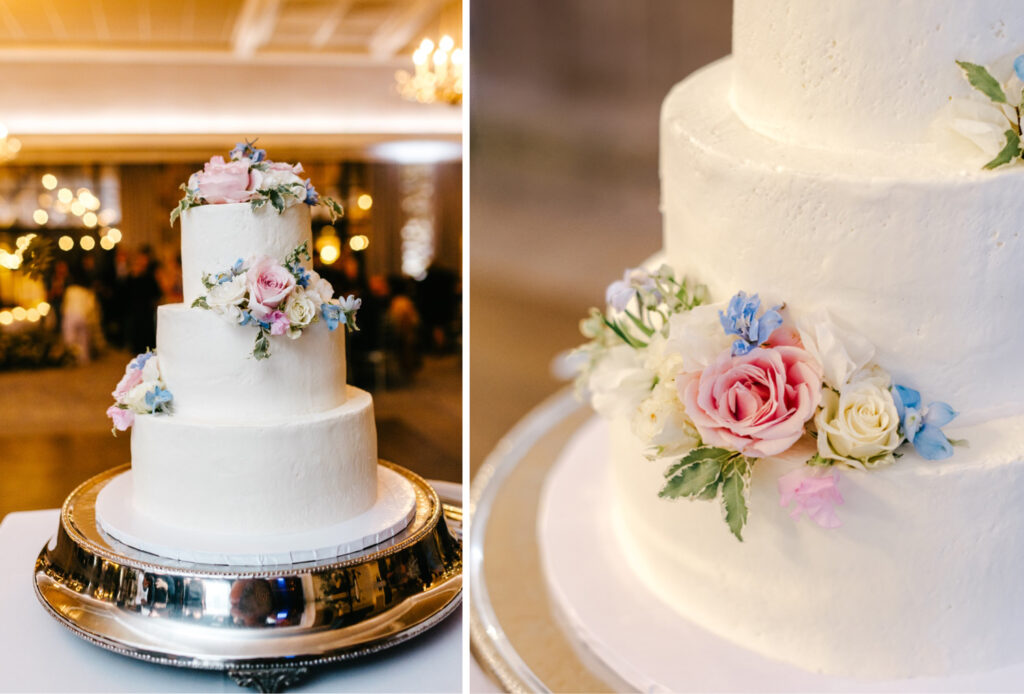 simplistic three tier wedding cake with pink white and blue floral decor by Emily Wren Photography