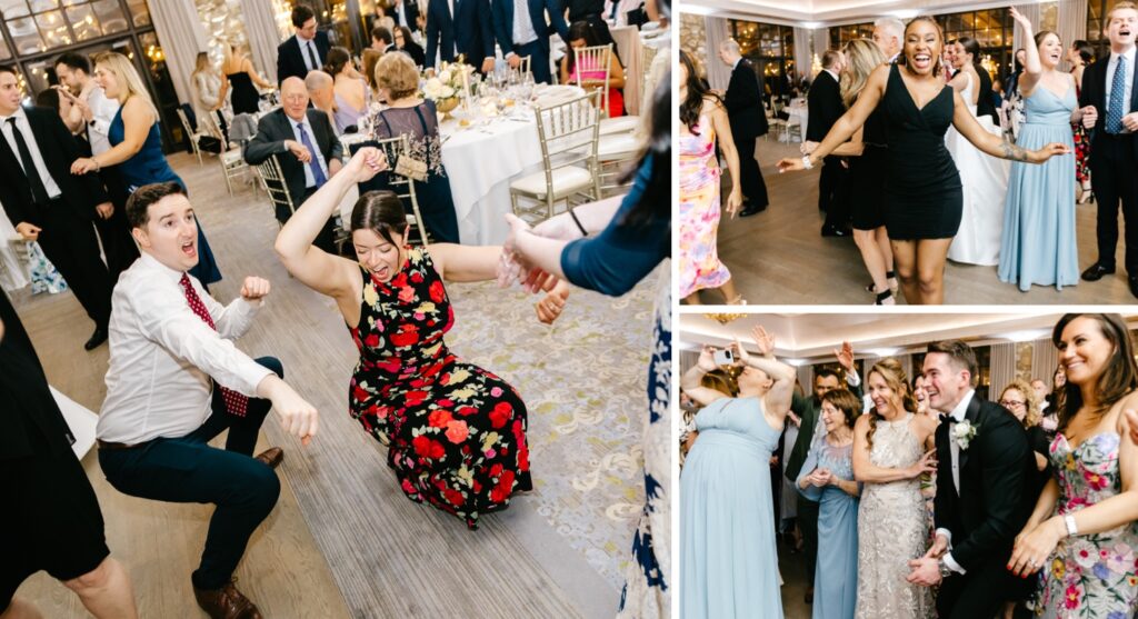 wedding guests dancing and having fun at spring New Jersey wedding reception at Fiddler's Elbow