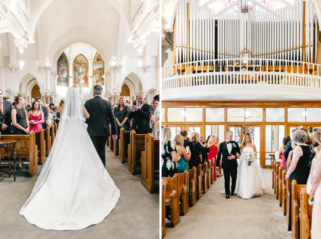 Pennsylvania bride walking down the aisle at her church wedding ceremony in Bryn Mawr