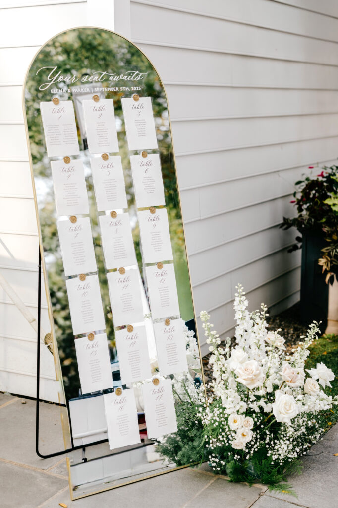 a Mirror seating chart for an Appleford Estate wedding reception