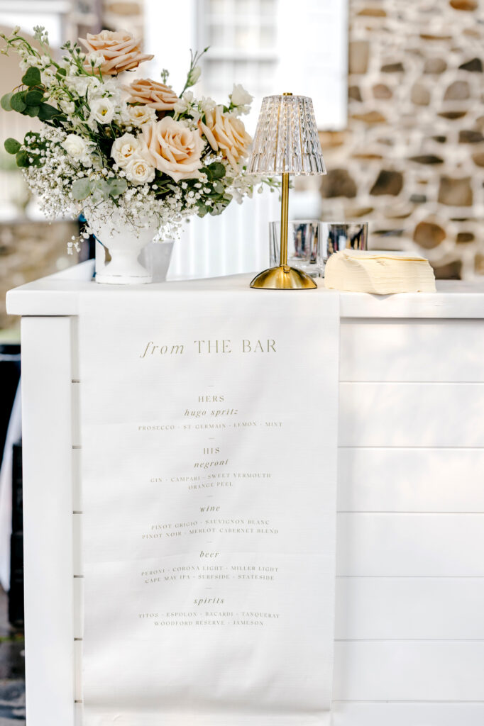 Linen Bar menu for summer garden wedding reception in Pennsylvania
