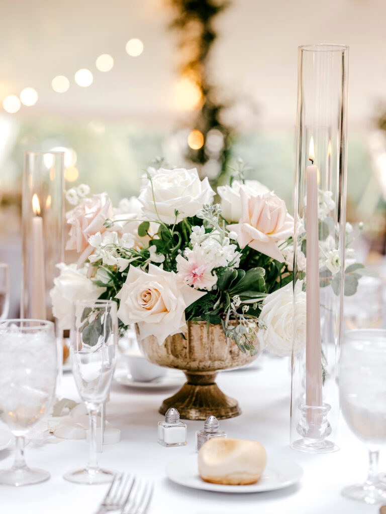 pink and white floral decor for a summer garden wedding reception by Emily Wren Photography
