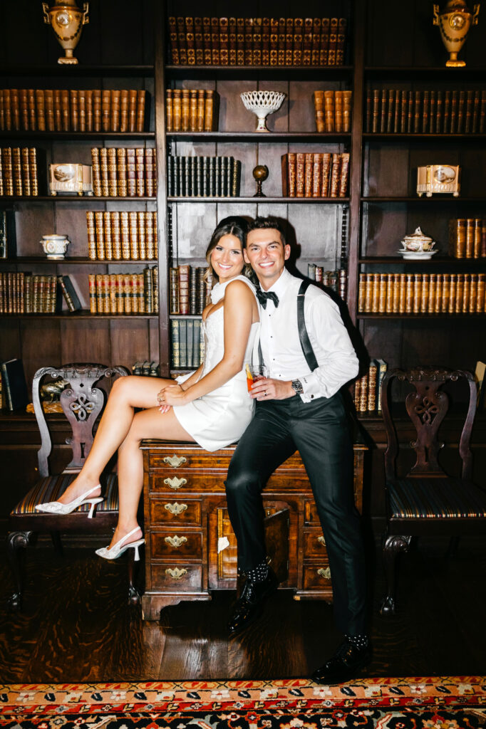 bride and groom portrait at a Library at Appleford Estate by Emily Wren Photography