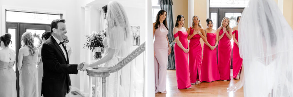 bride's first look with her father and bridesmaids in Philadelphia, Pennsylvania