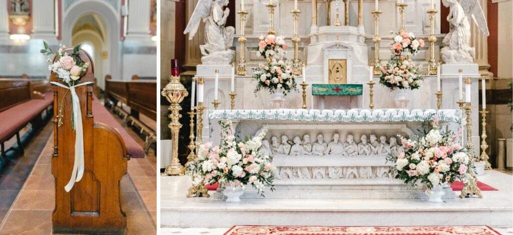 summer wedding ceremony details at St Peter's Church in Philadelphia, Pennsylvania