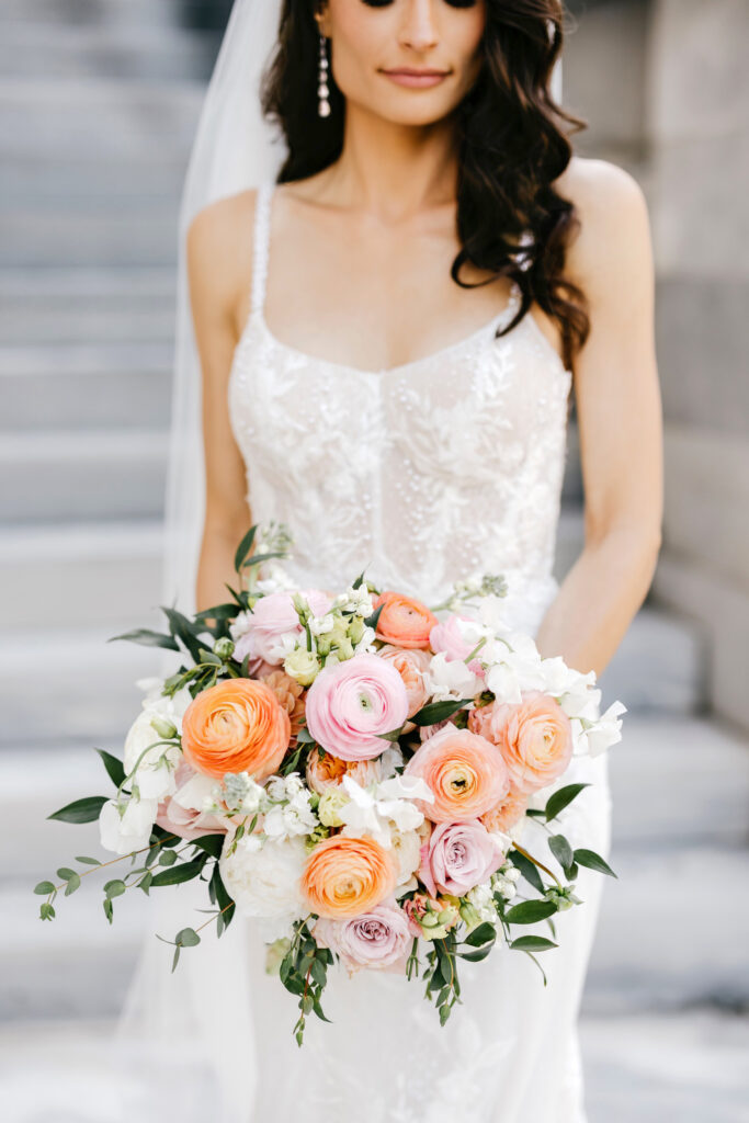 pink, coral, and white bridal bouquet for summer wedding in Philadelphia