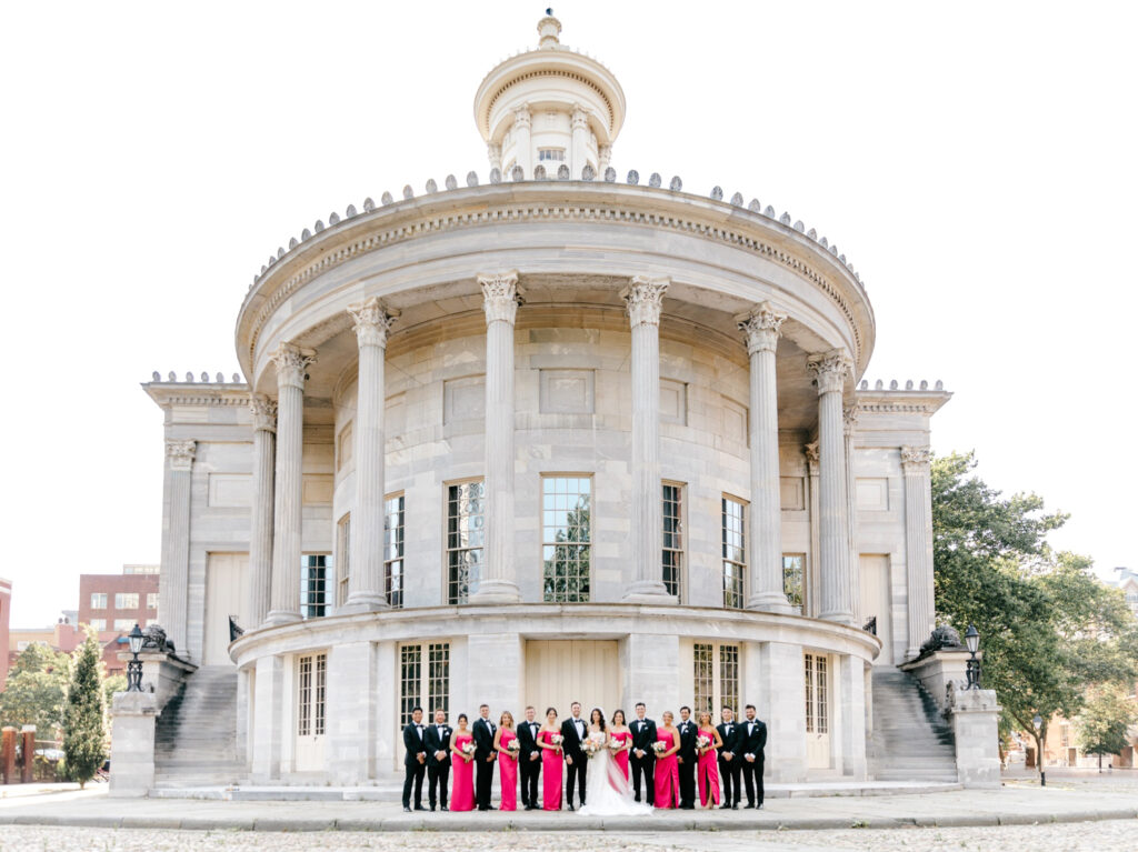 full wedding party portrait at Merchant's Exchange in Old City by Emily Wren Photography
