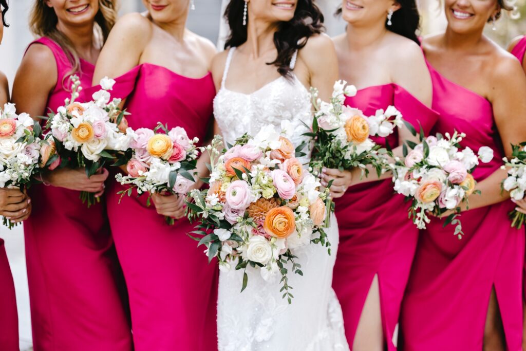 pink, coral, and white floral bouquets for a summer wedding in Philadelphia by Emily Wren Photography