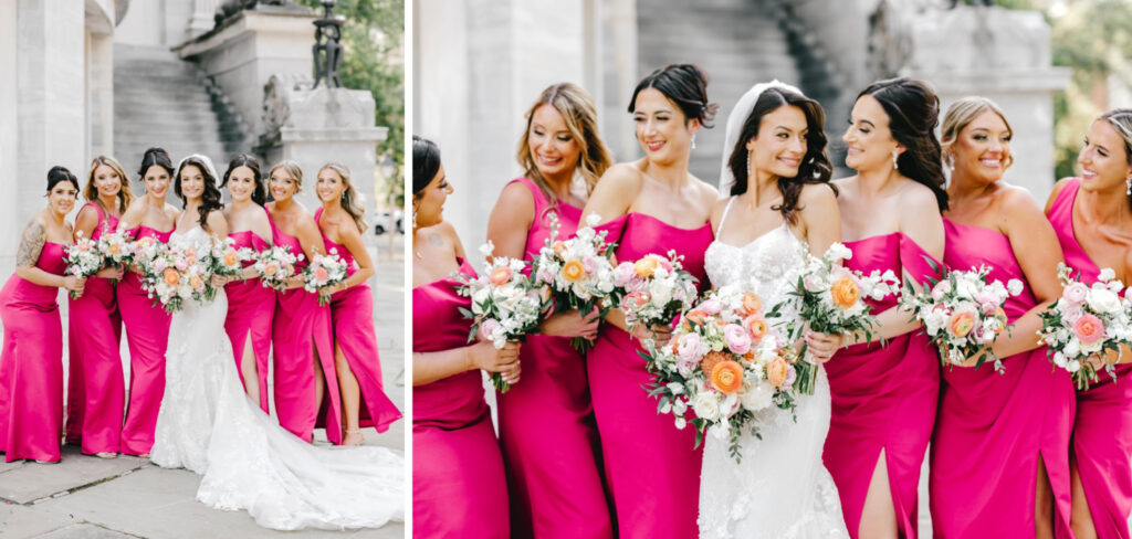 Philadelphia bride with her bridesmaids in hot pink bridesmaid dresses by Emily Wren Photography