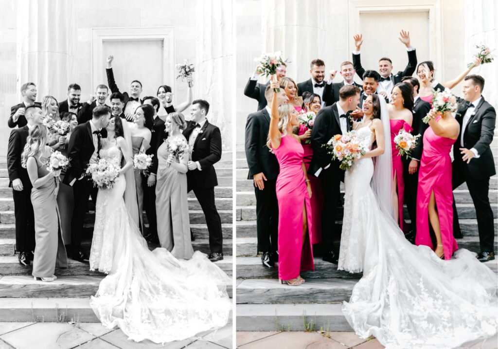 wedding party portraits at the Rodin Museum in Center City Philadelphia on a summer wedding day