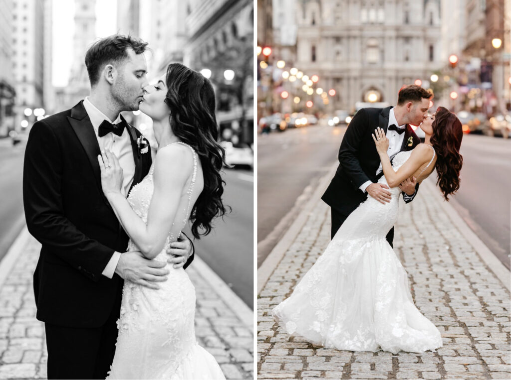 bride and groom kissing in front of City Hall on Broad street in Center City Philadelphia