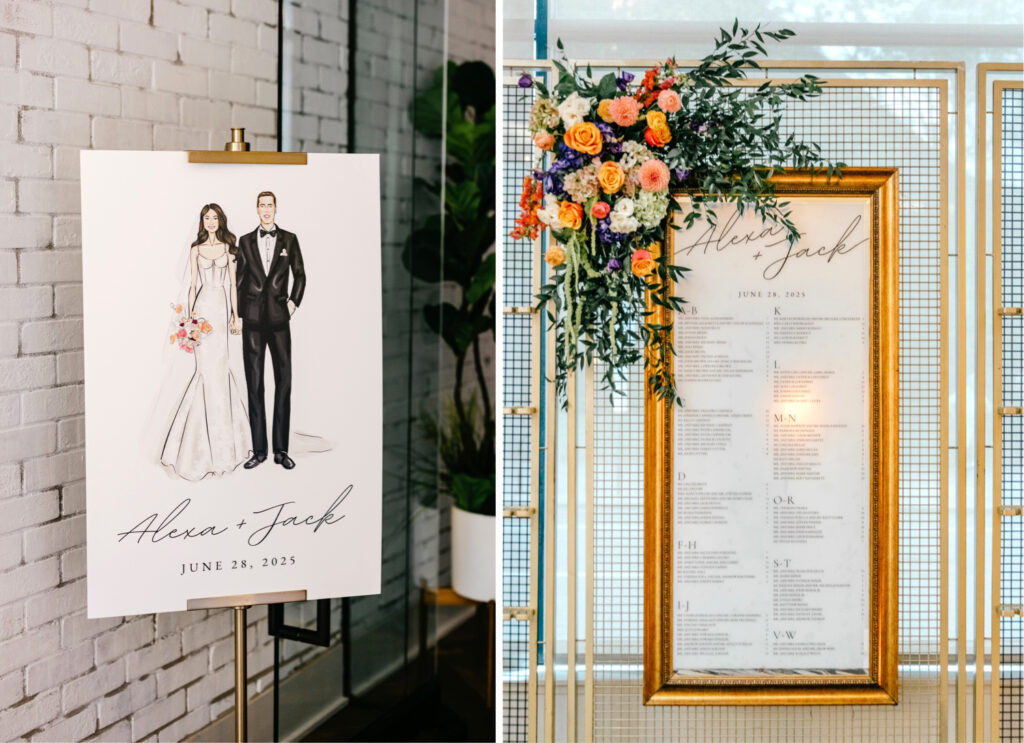 painted portrait of bride and groom as a welcome sign for their wedding reception at Cescaphe's The Lucy