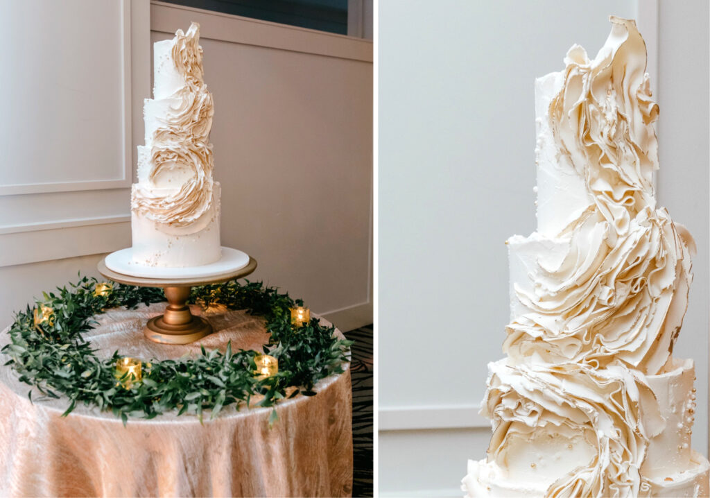 unique four tier white and gold wedding cake by Emily Wren Photography