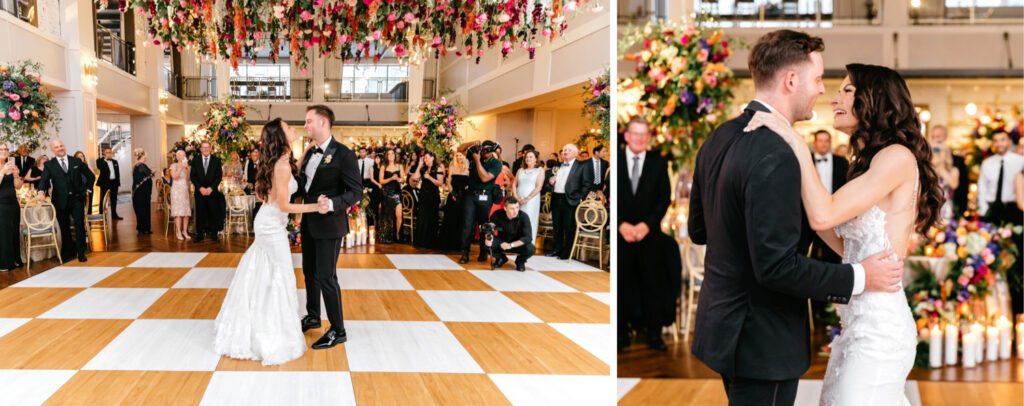 bride and grooms first dance at their summer Cescaphe wedding reception