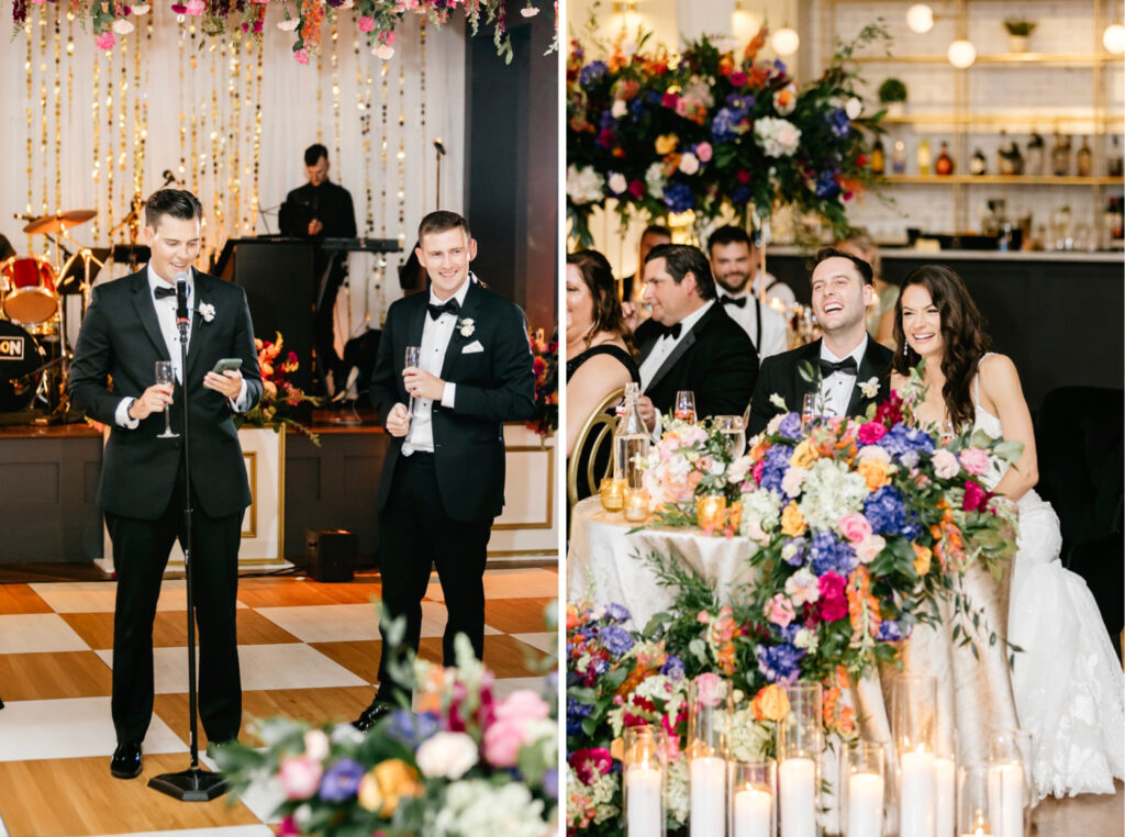 groomsmen giving a toast during a Cescaphe wedding reception in the summer in Philadelphia, Pennsylvania