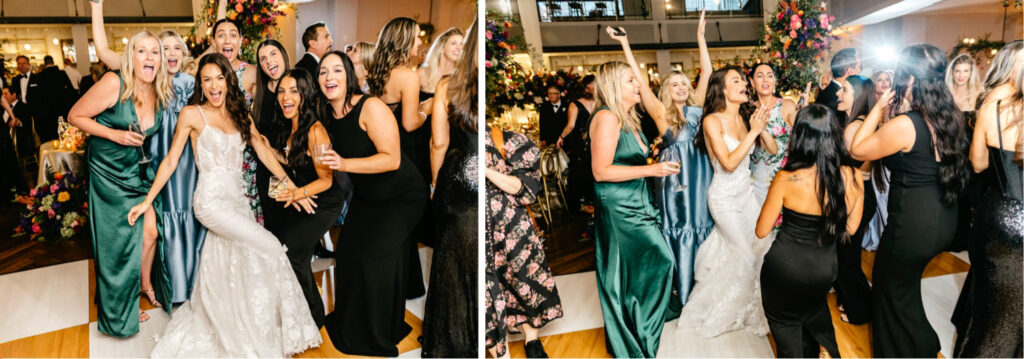 Philadelphia bride dancing with her friends at her summer wedding reception at the Lucy