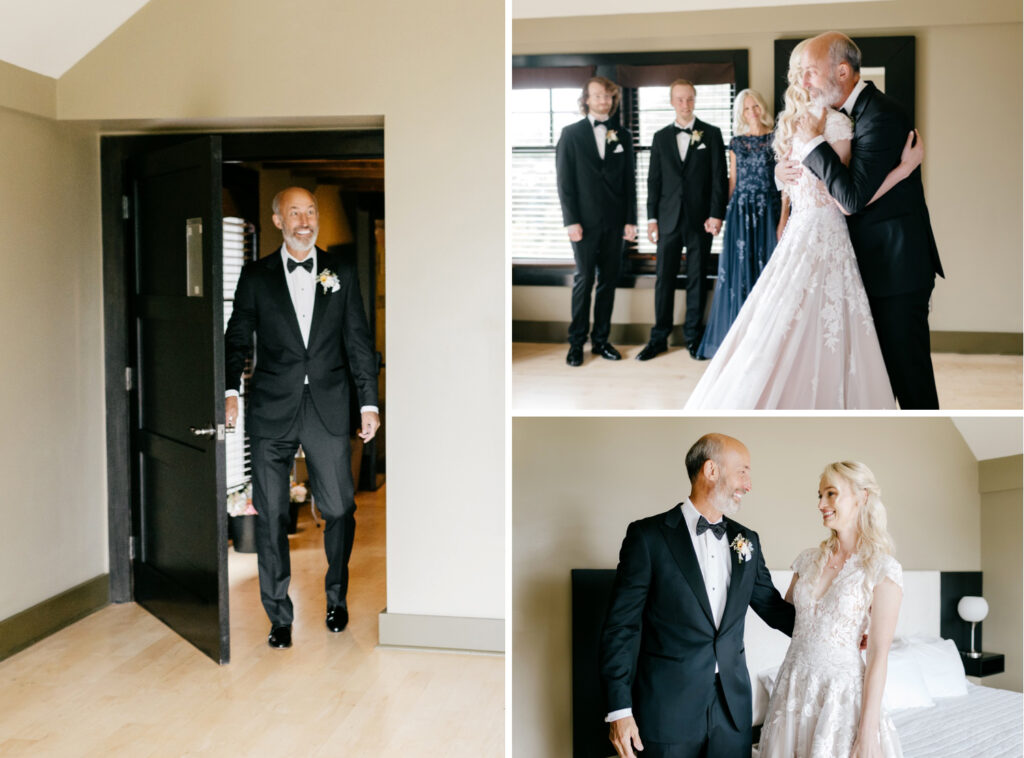 bride's first look with her father and brothers at The Lake House inn on a summer wedding day in Pennsylvania