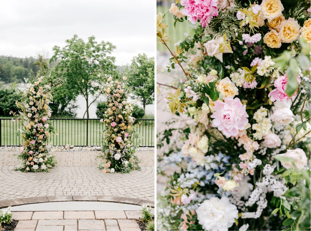 beautiful summer floral wedding ceremony arch for outdoor lakeside wedding in Pennsylvania