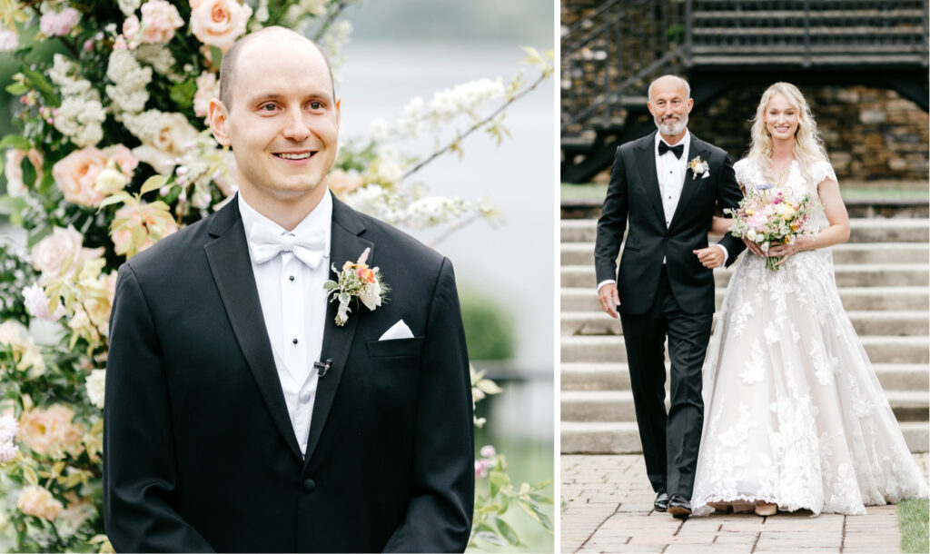 Philadelphia bride walking down the aisle at her outdoor summer wedding ceremony at The Lake House Inn