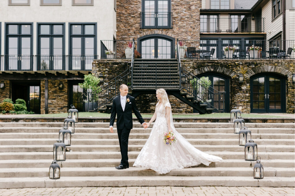 bride and groom portrait at The Lake House Inn on their summer wedding day by Emily Wren Photography