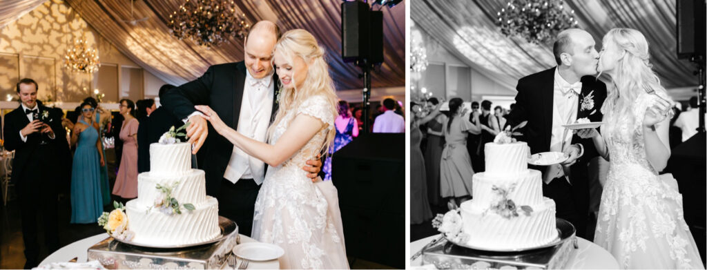 bride and groom cutting their cake at their summer wedding reception at The Lake House Inn by luxurious wedding photographer Emily Wren Photography