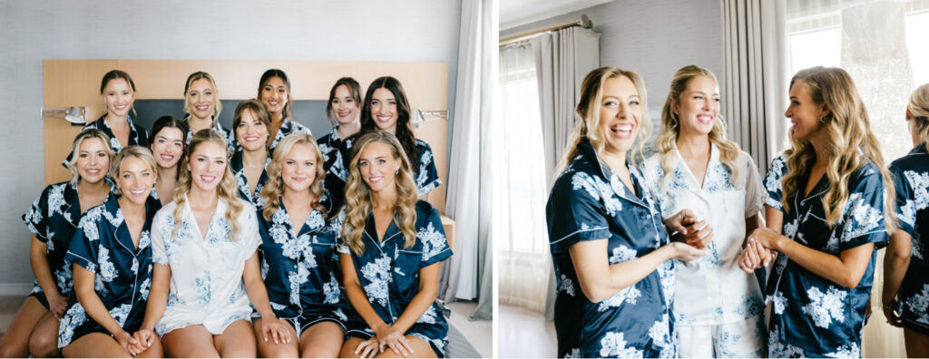 bride getting ready for her late spring wedding day with her bridesmaids in matching pajama sets