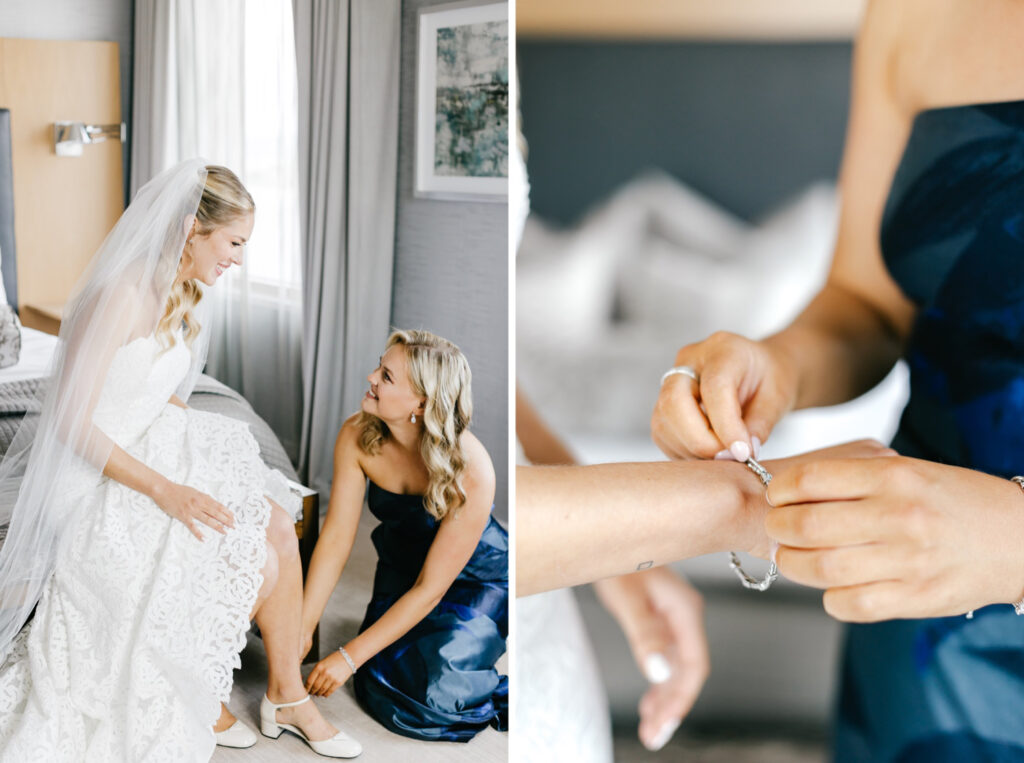 Philadelphia bride getting ready for her late spring wedding day at the Hilton Hotel with her mother by Emily Wren Photography