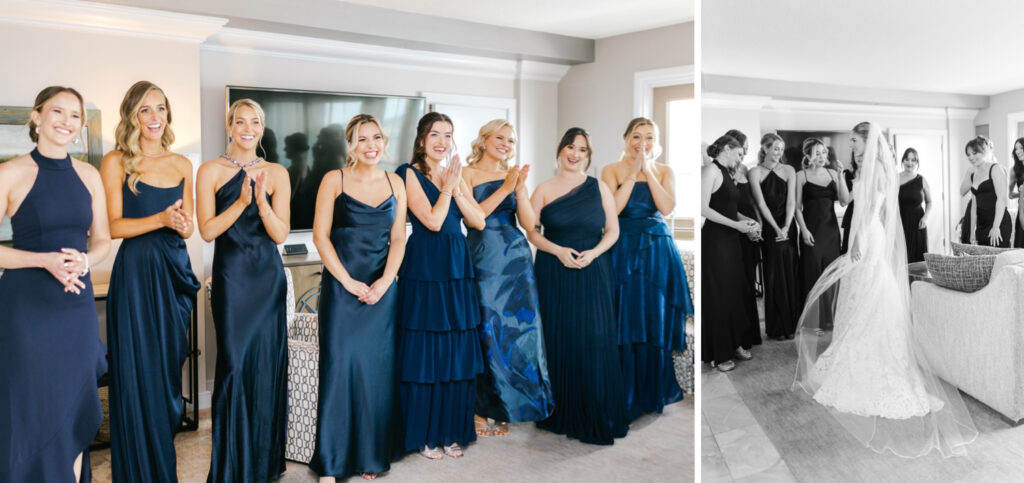 brides first look with her bridesmaids in matching dark blue bridesmaid dresses at the Hilton at Penn's Landing hotel