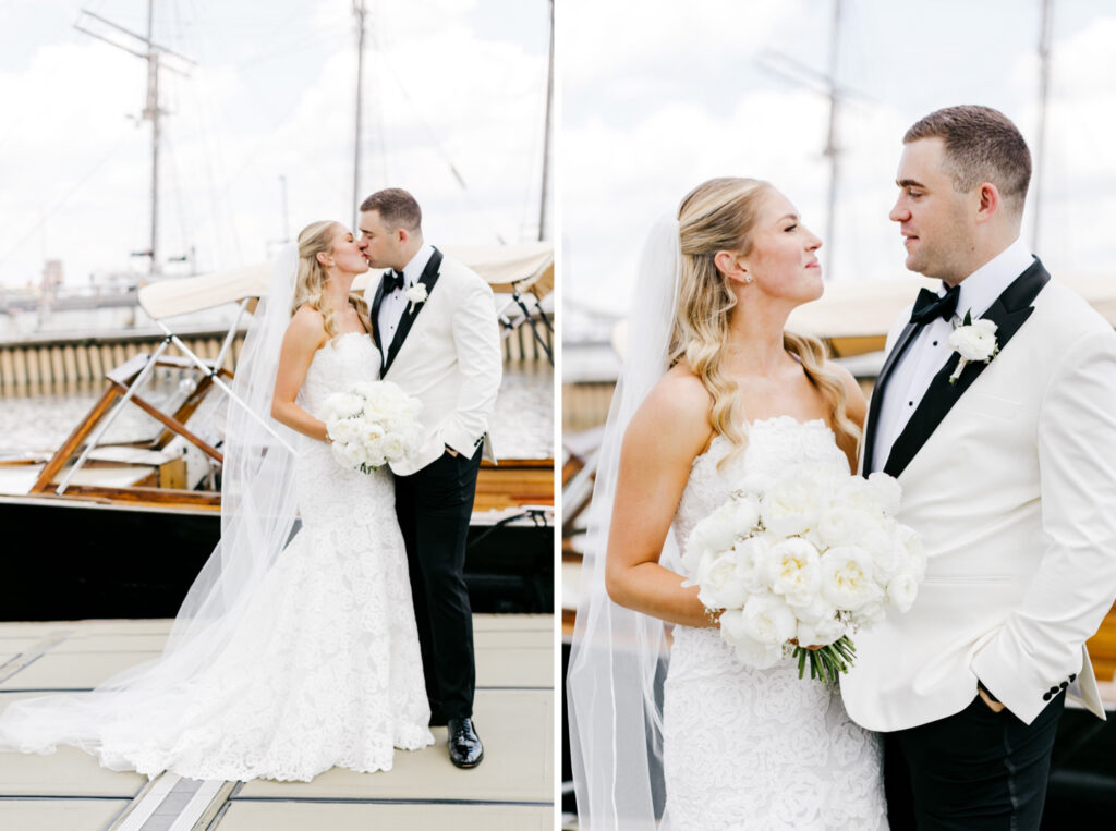 bride and groom's portrait session along the waterfront in Philadelphia, Pennsylvania by Emily Wren Photography