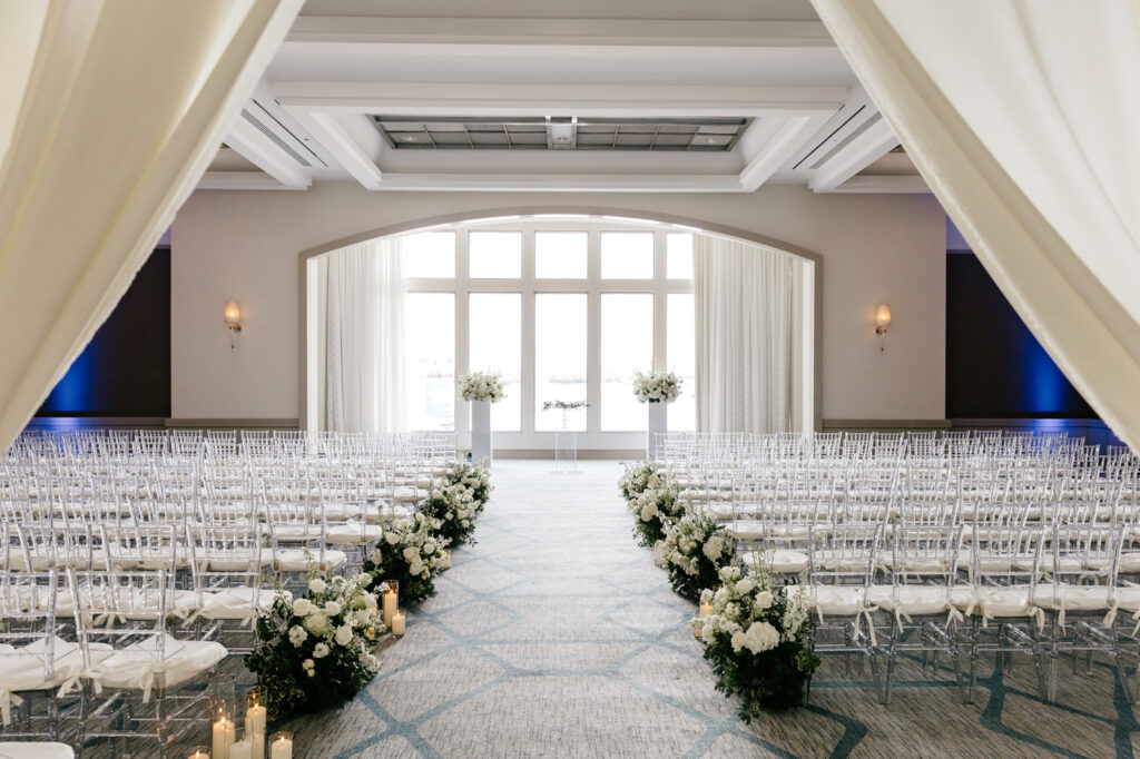 All white wedding ceremony details at the Hilton Hotel at Penn's Landing by Philadelphia wedding photographer Emily Wren Photography
