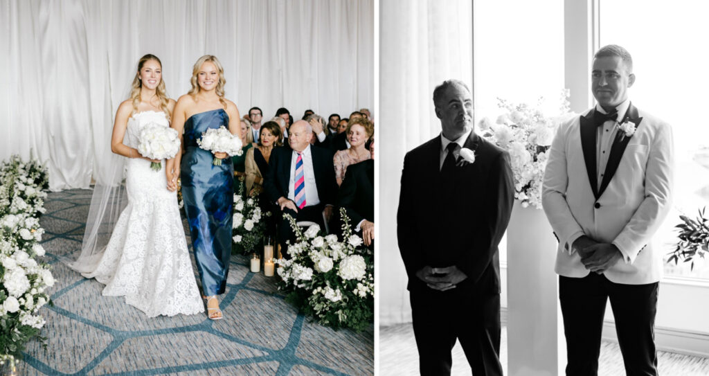 Philadelphia bride walking down the aisle at her all white wedding ceremony at the Hilton hotel at Penn's Landing