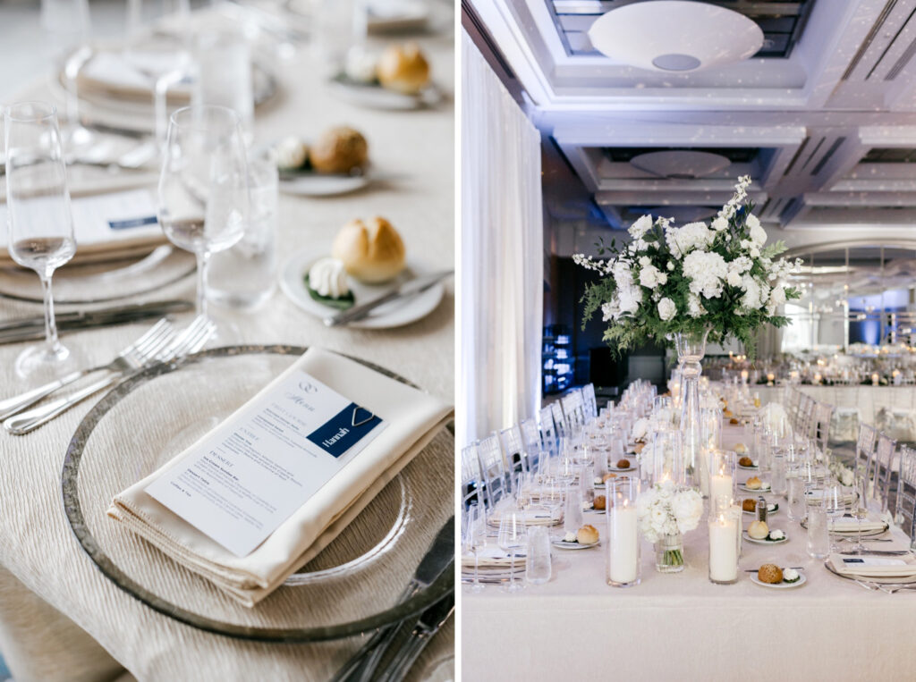 all white tablescapes at Philadelphia wedding reception at the Hilton Hotel at Penn's Landing