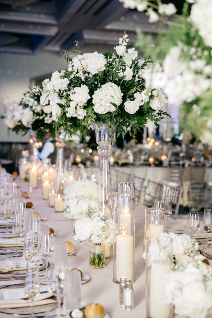 all white floral bouquets for a late Spring Philadelphia wedding reception