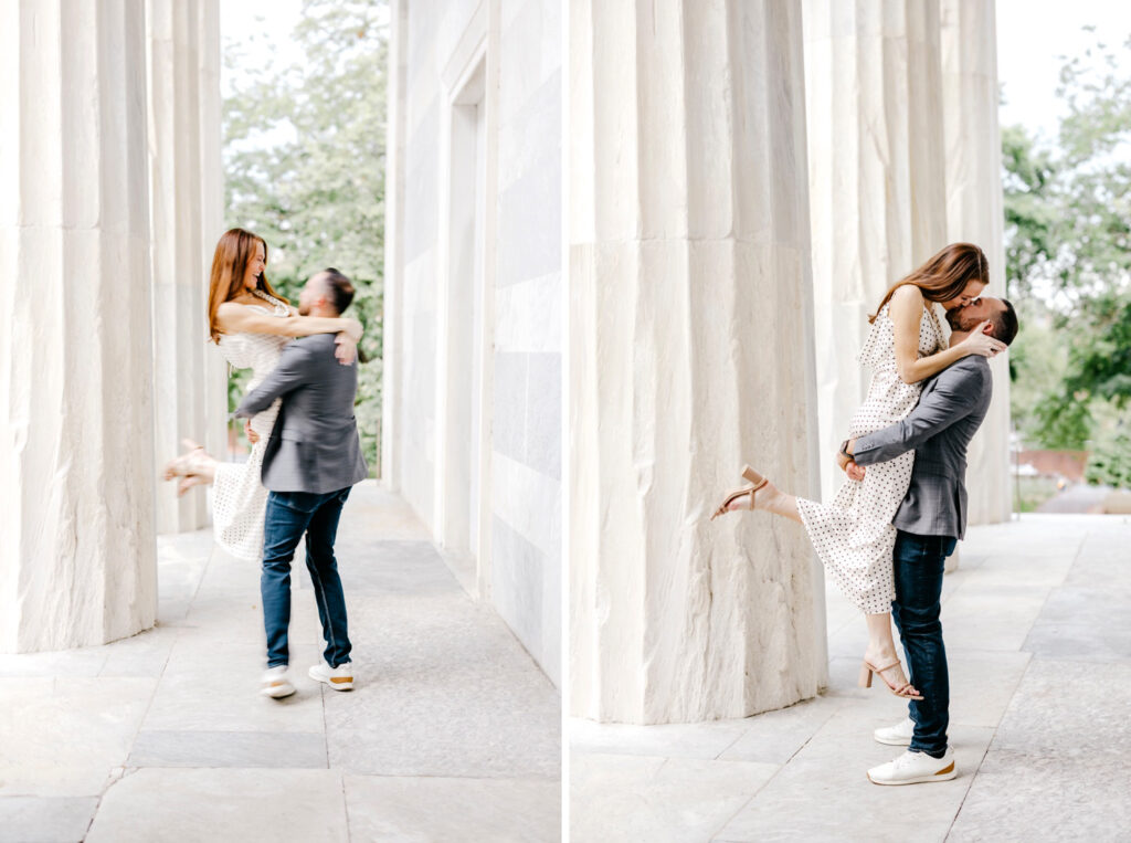 Philadelphia couple having fun during their spring engagement photoshoot at Second National Bank