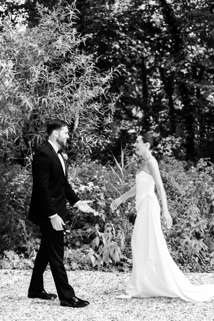 New Jersey bride and groom's first look on their summer wedding day at Beach Plum Farm