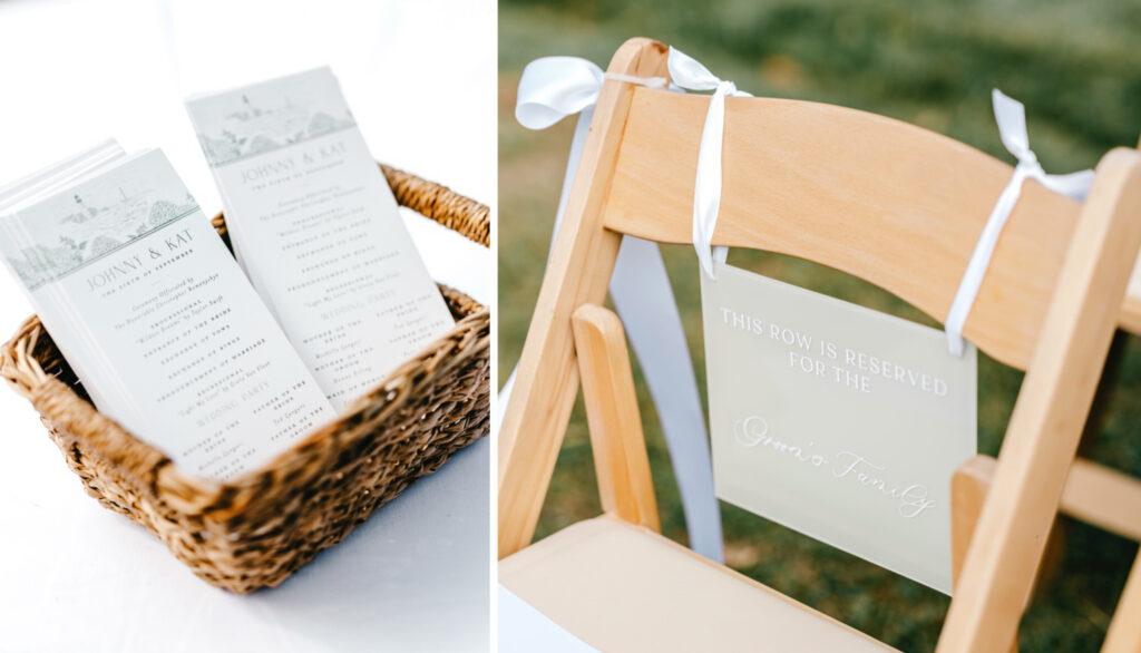 romantic green wedding ceremony reserved seat sign at outdoor summer wedding