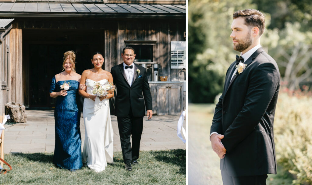 New Jersey groom's reaction to bride walking down the aisle at their outdoor summer wedding ceremony