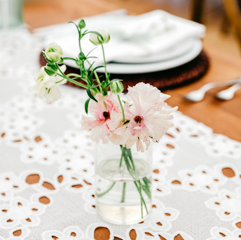 garden floral table decor for late-summer wedding reception at Beach Plum Farm