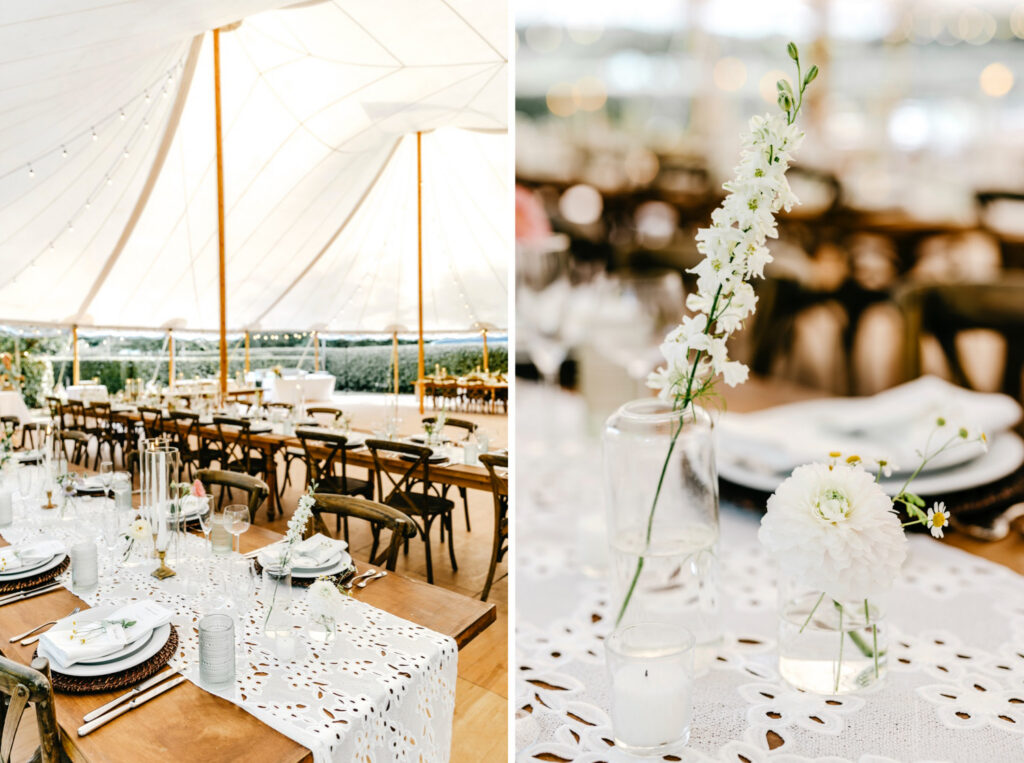 simplistic white tent wedding reception decor for outdoor summer wedding day at Beach Plum Farm