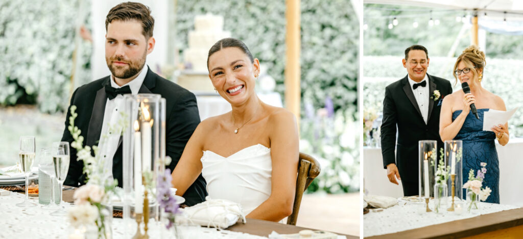 New Jersey bride and groom during parent speeches at their outdoor summer wedding reception at Beach Plum Farm