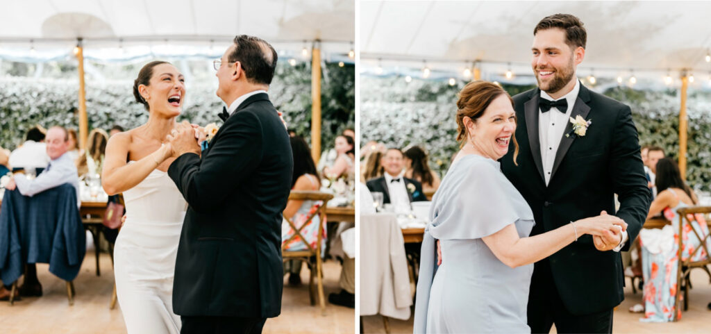 New Jersey bride and groom during parent dances at their outdoor summer wedding reception in Cape May