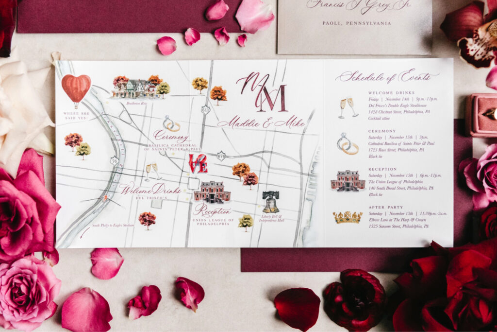 landmark map for a wedding day in the city by Philadelphia wedding photographer Emily Wren Photography