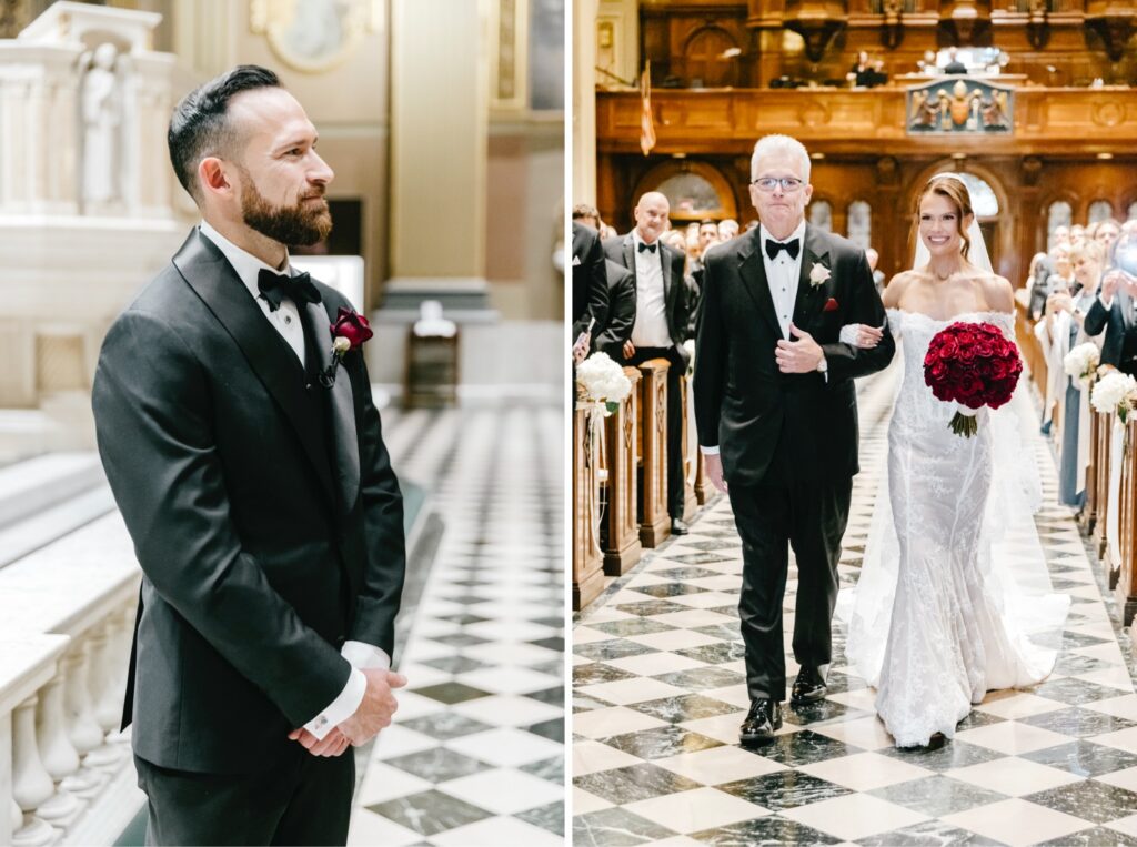 bride walking down the aisle at her church wedding ceremony at The Cathedral Basilica of Saints Peter and Paul by Emily Wren Photography