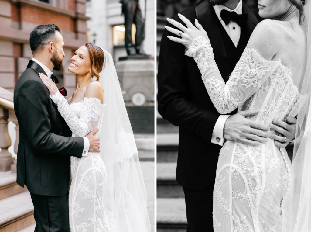 romantic Philadelphia wedding portraits of bride and groom on winter wedding day in Center City.
