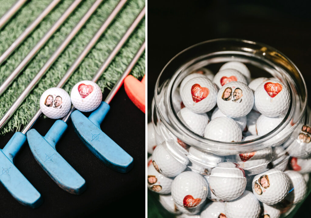 customized golf balls of bride and groom at luxurious cocktail hour at The Union League of Philadelphia