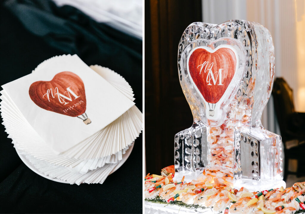 monogramed ice sculpture for luxurious winter wedding reception at the Union League in Center City Philadelphia