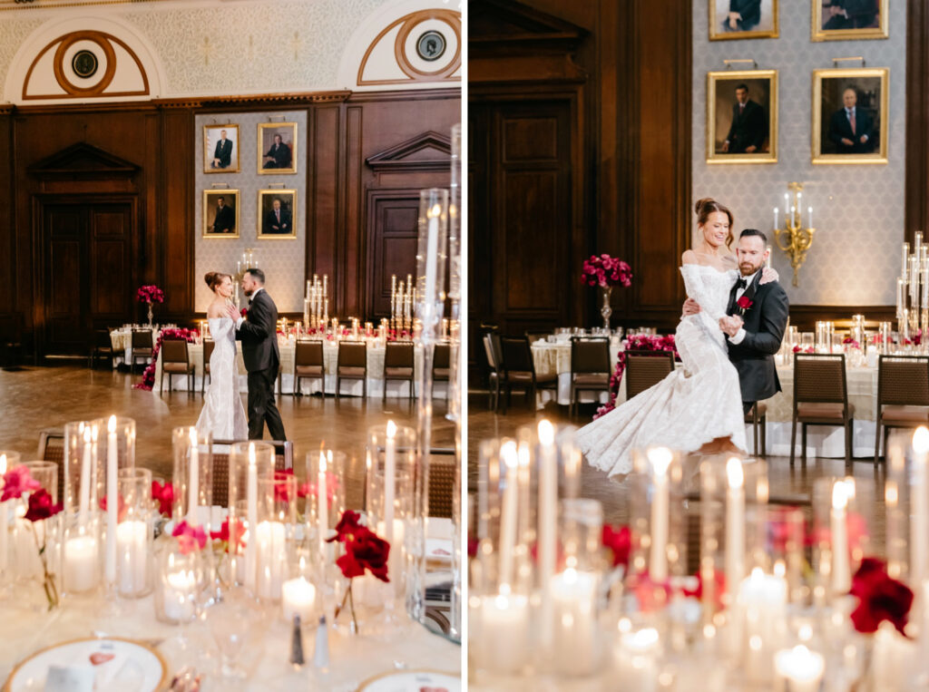 bride and groom's private first dance at their luxurious winter wedding reception at The Union League of Philadelphia