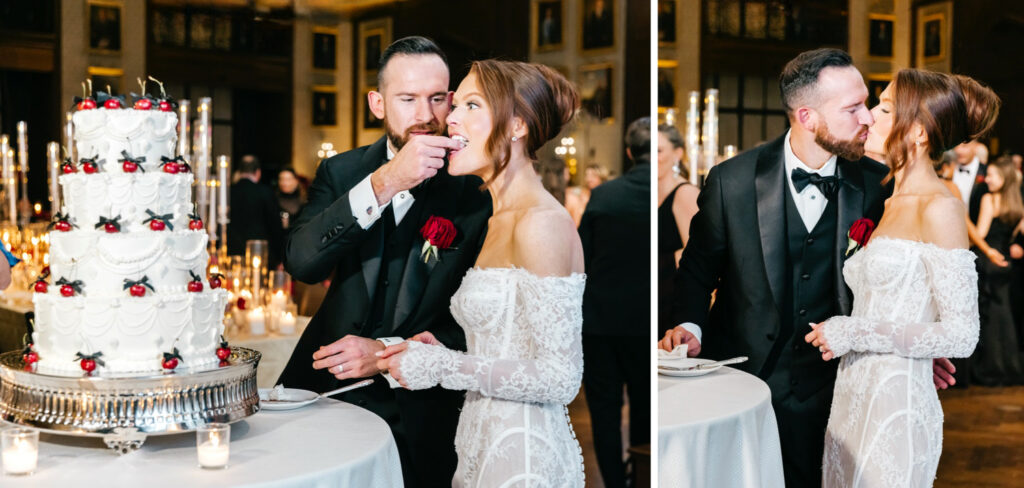 Philadelphia bride and groom cutting their four tier vintage-inspired wedding cake at the Union League of Philadelphia by Emily Wren Photography
